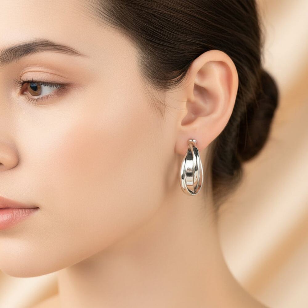 Clip on 3/4" small silver three row twisted hoop earrings